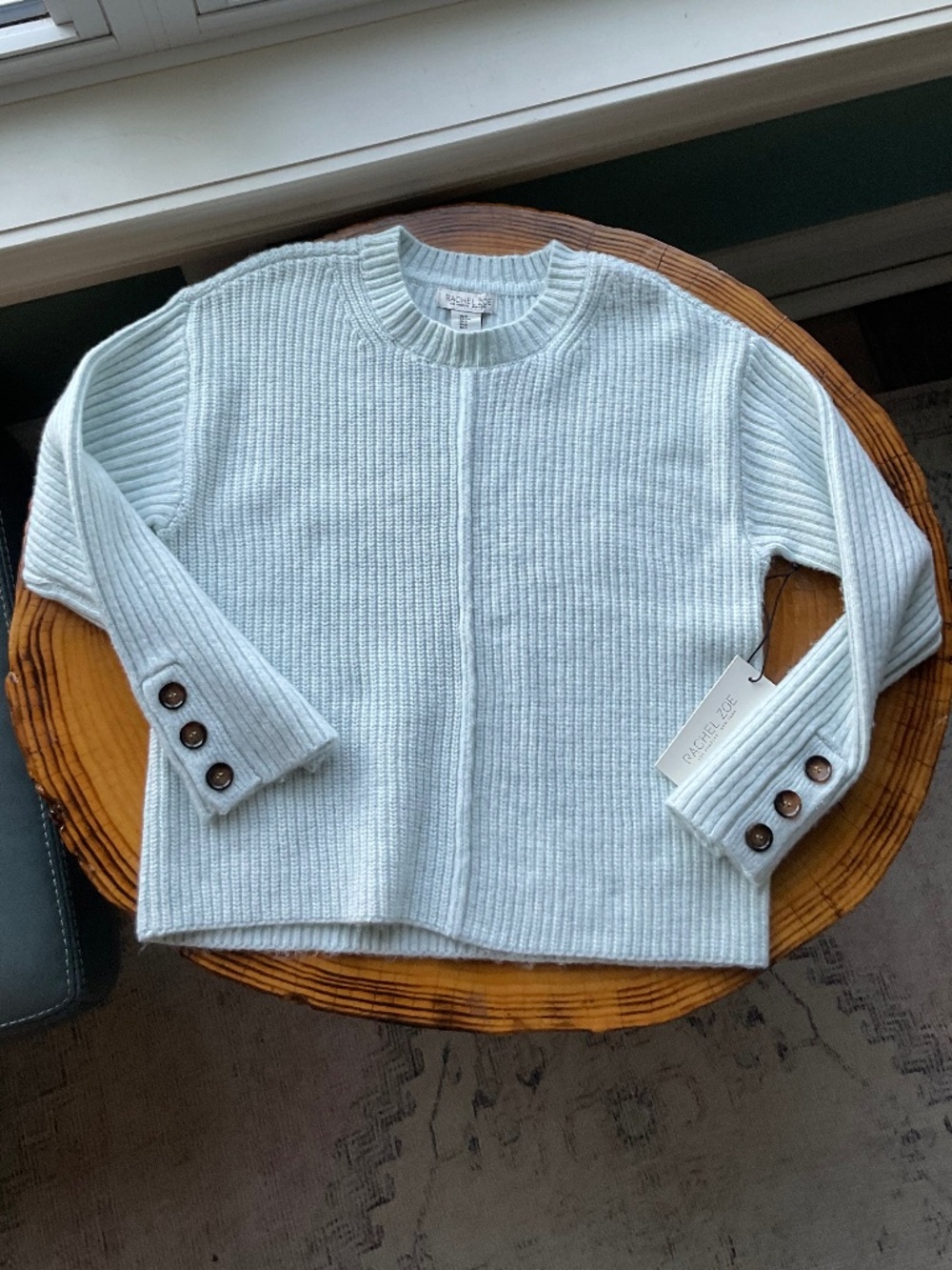 Rachel Zoe Light Blue Ribbed Crewneck Sweater Button Cuff Relaxed Fit Soft Knit